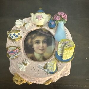 Vintage FIGI GRAPHICS 1996 Mini Tea Party  Sweets Cake FRAME Teapot Cat 1.5"